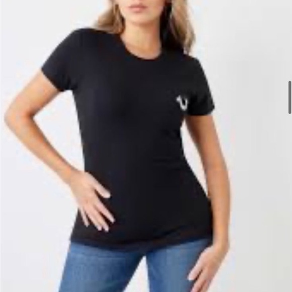 True Religion Women GLITTER WORLD WIDE LOGO TEE XS NWT Black/Orange - Picture 4 of 10